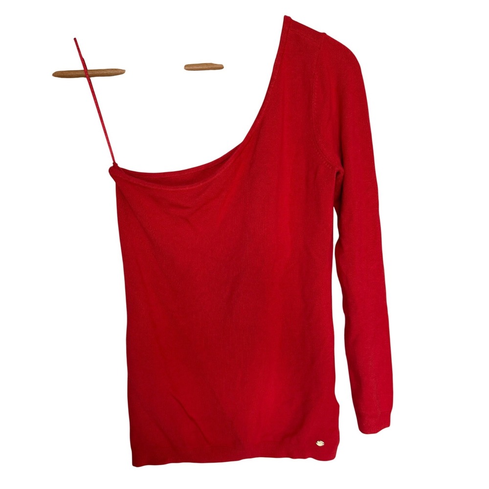 Guess Allison One Shoulder Sweater Womens Large Rhubarb Red Long Sleeve NEW